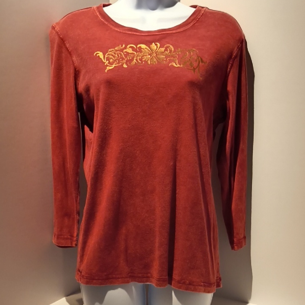 Energe Worldwide Women's 3/4 Sleeve T-shirt Top Medium Washed Red/Gold Graphic